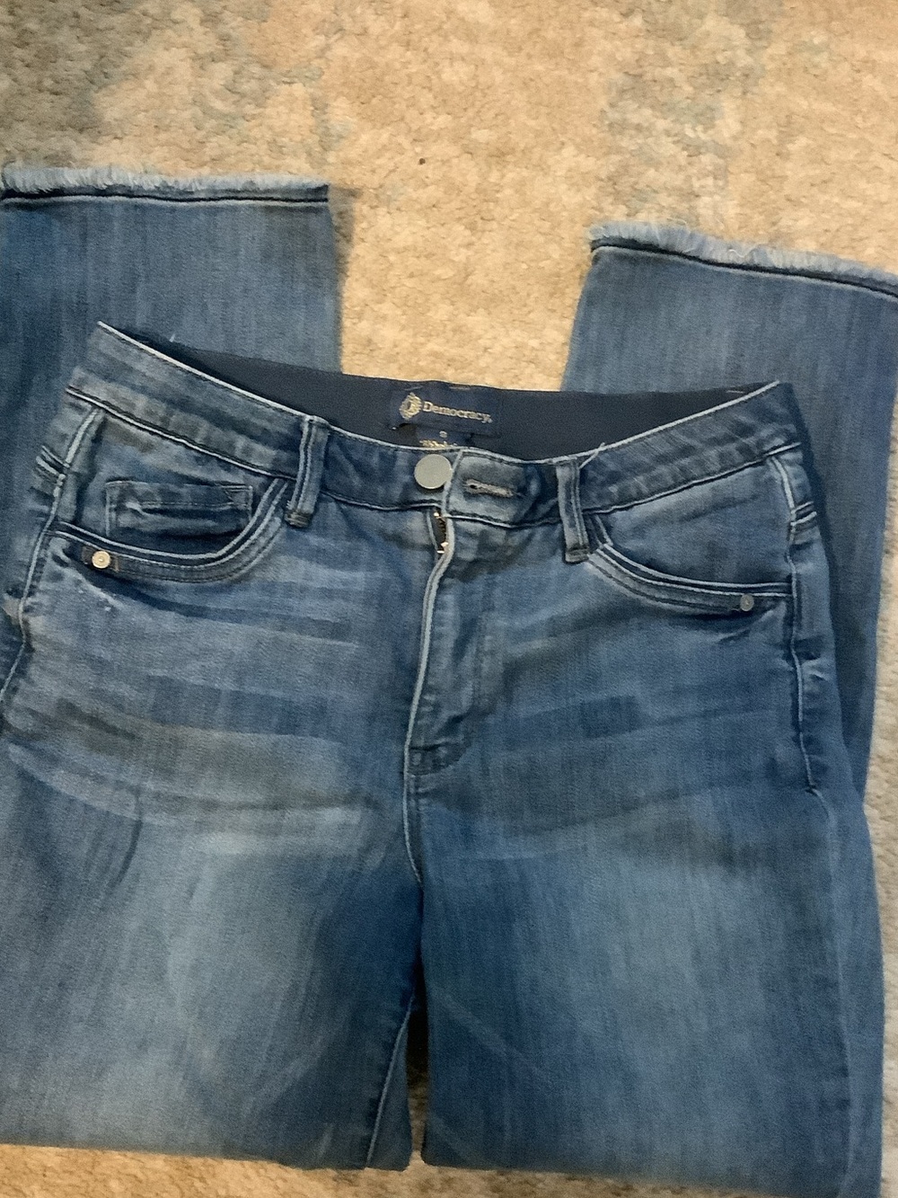 EUC Democracy Women's Straight frayed cropped Jeans in Mid Blue Wash